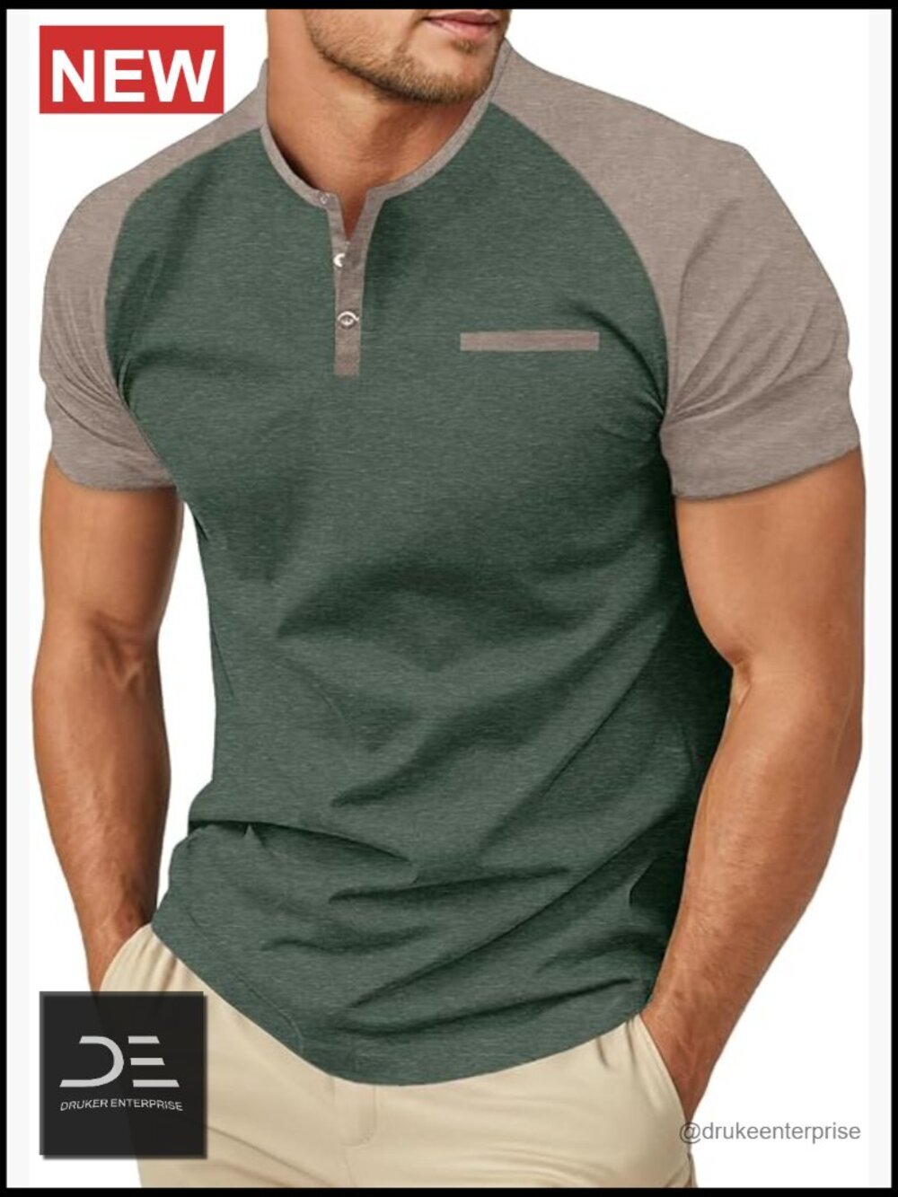 Men's Cotton Henley Short Sleeve T-Shirt with Pocket